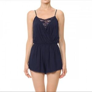 Ambiance Blue Rayon Lace Pom Pom Adjustable Cami Romper Summer S